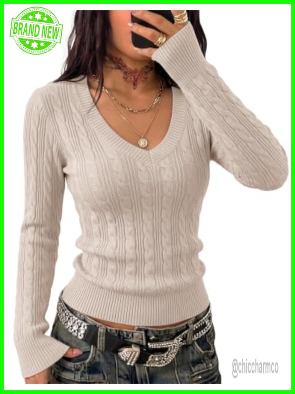 Cable Knit V Neck Slim Fit Long Sleeve Pullover Sweater